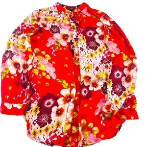 Investments Women's size 14 Blouse Long Sleeves Career Button Down Floral‎ Red